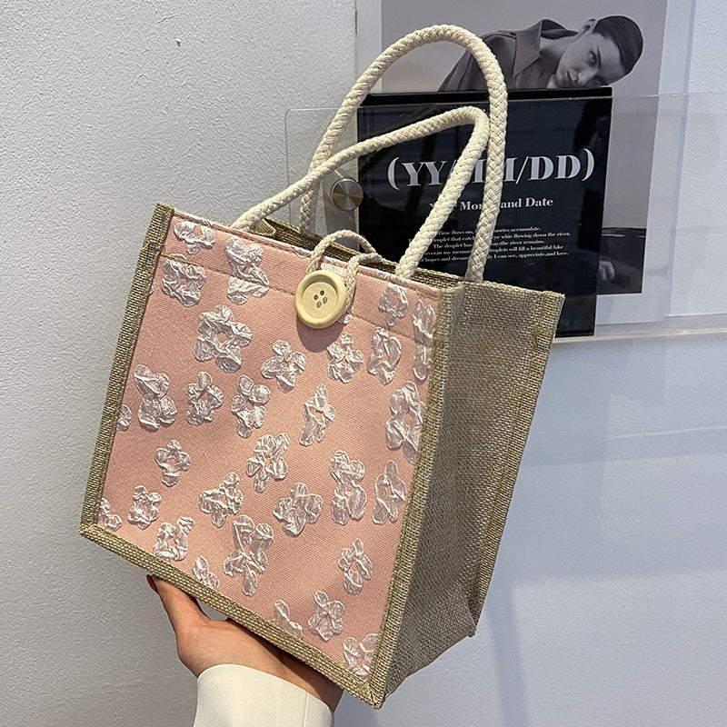 Damen Jute-Tragetasche mit floralem Muster und stabilem Knopfverschluss Nord Taschen
