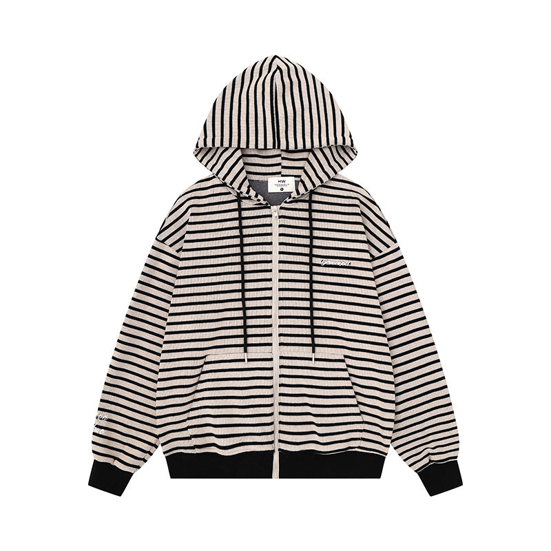 Unisex Leichter gestreifter Kapuzen‑Zipcardigan im Oversize‑Fit aus geripptem Baumwollmix Nord Taschen