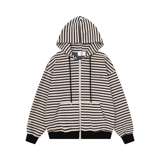 Unisex Leichter gestreifter Kapuzen‑Zipcardigan im Oversize‑Fit aus geripptem Baumwollmix Nord Taschen