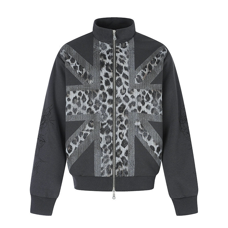 Damen Zip-Sweatjacke mit Stehkragen und Leoparden‑Union‑Jack‑Print Nord Taschen