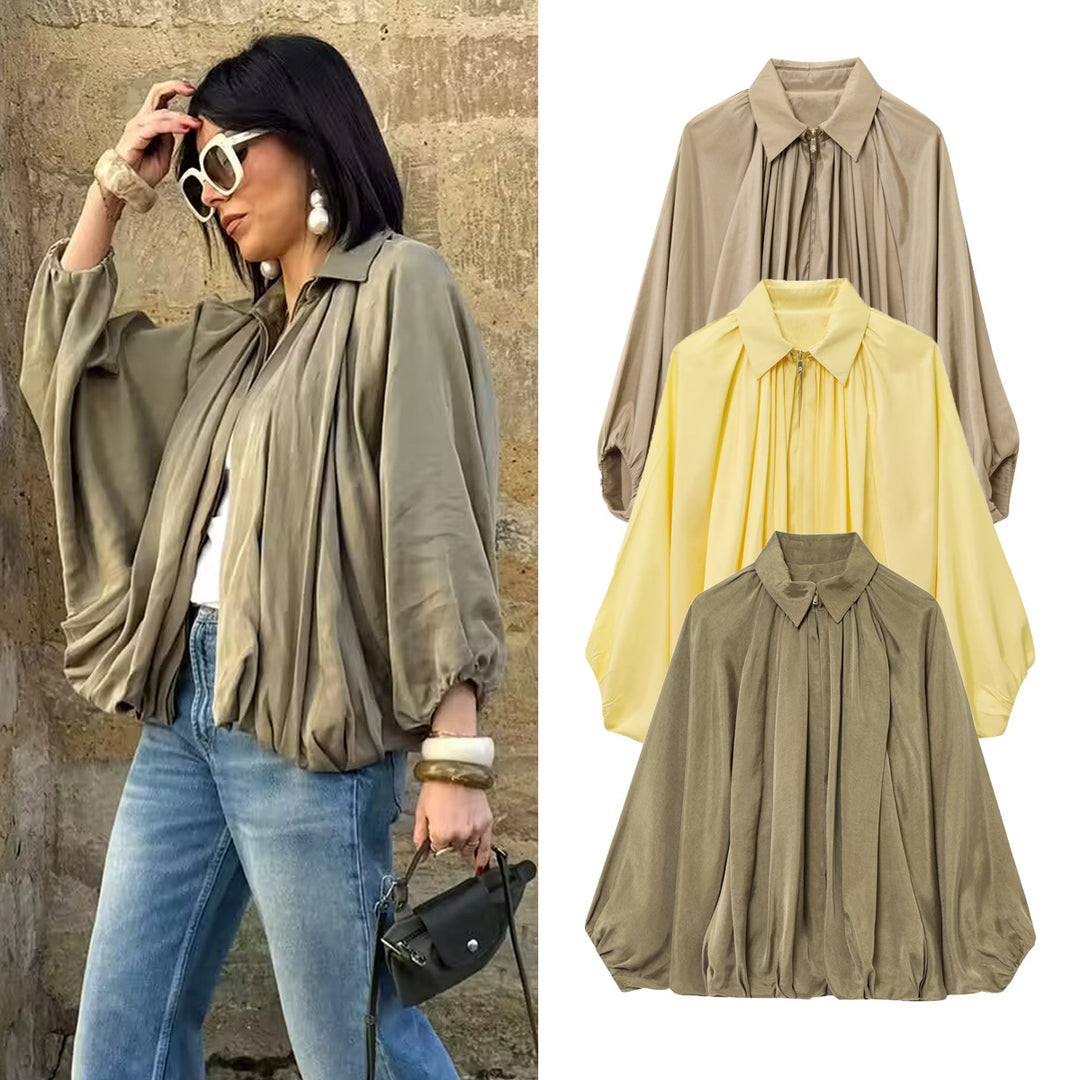 Damen Weite plissierte Hemdblusen-Jacke mit Hemdkragen, Reißverschluss und ballonförmigem Saum Nord Taschen