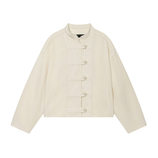 Damen Cropped Jacke mit Stehkragen und dekorativen Knotenknöpfen Nord Taschen