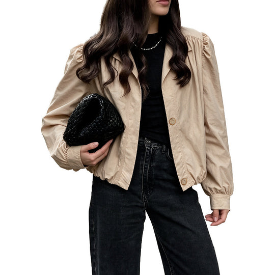 Damen Leichte Kurzjacke mit Ballonärmeln, Puffschultern & Gummizugsaum Nord Taschen