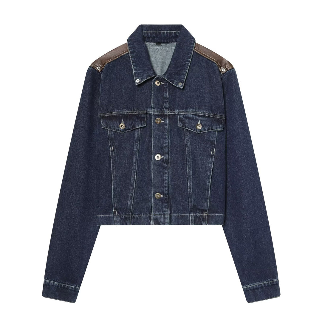 Herren Cropped-Boxy-Jeansjacke mit Lederbesatz an den Schultern Nord Taschen