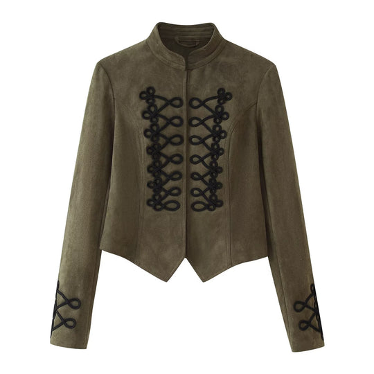 Damen Kurz geschnittene Wildlederjacke im Military‑Look mit Stehkragen und dekorativer Kordelfrosch‑Applikation Nord Taschen