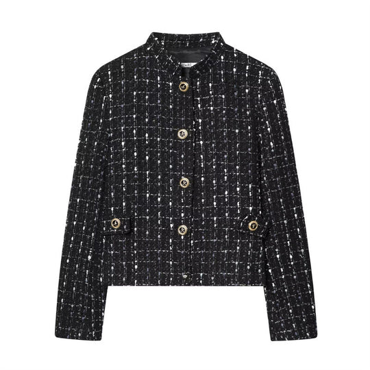 Damen kurze Bouclé‑Tweed‑Jacke mit Stehkragen, Zierknöpfen und Pattentaschen Nord Taschen