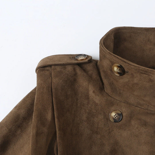 Damen Kurze Doppelreihige Velourslederjacke mit Stehkragen und Epauletten Nord Taschen