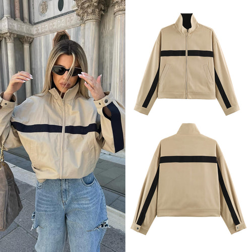 Unisex Kurz geschnittene Trackjacke mit Stehkragen, Kontraststreifen und Reißverschluss Nord Taschen