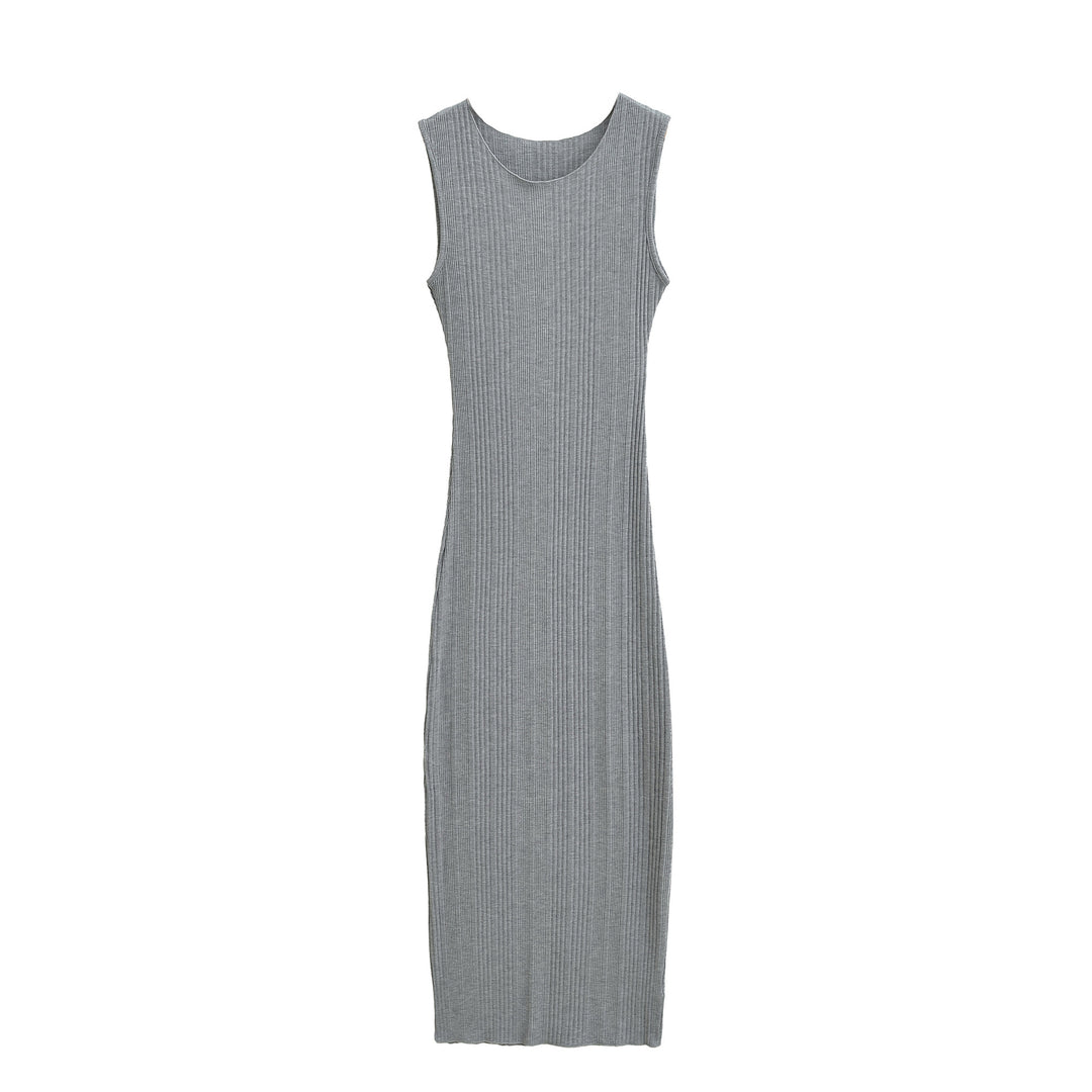 Damen Figurnahes ärmelloses Rippstrick-Maxikleid mit Rundhalsausschnitt Nord Taschen