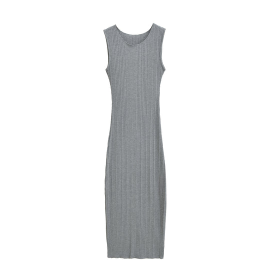 Damen Figurnahes ärmelloses Rippstrick-Maxikleid mit Rundhalsausschnitt Nord Taschen