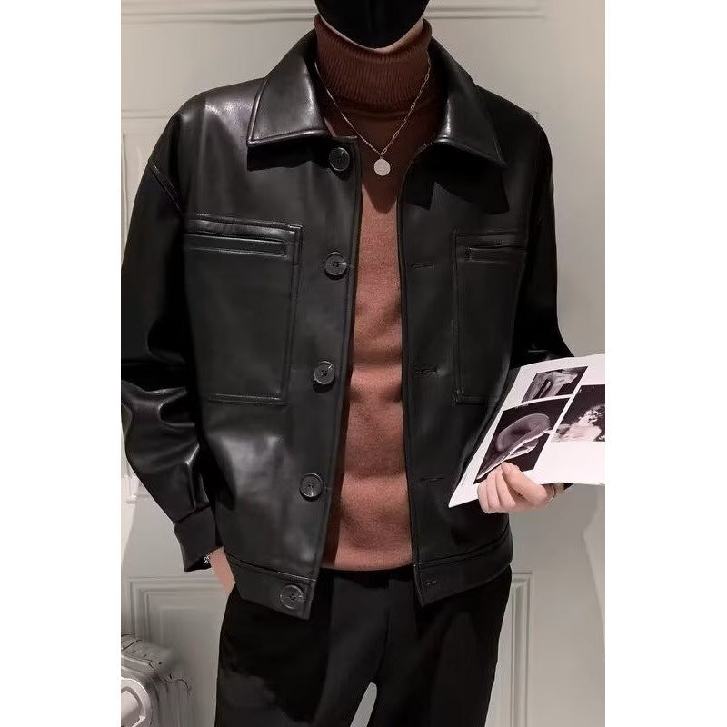 Herren Boxy Overshirt aus Lederoptik mit Hemdkragen und aufgesetzten Brusttaschen Nord Taschen