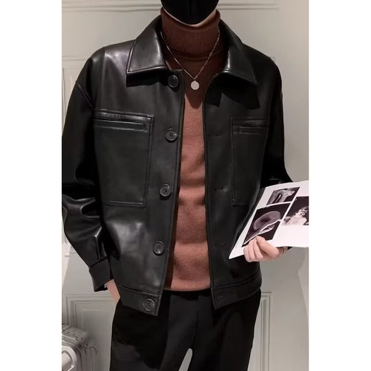 Herren Boxy Overshirt aus Lederoptik mit Hemdkragen und aufgesetzten Brusttaschen Nord Taschen