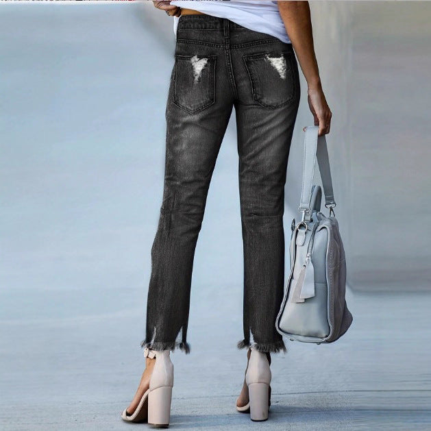 Damen Cropped Destroyed-Jeans mit hohem Bund, geradem Bein & rohem Fransen-Saum Nord Taschen