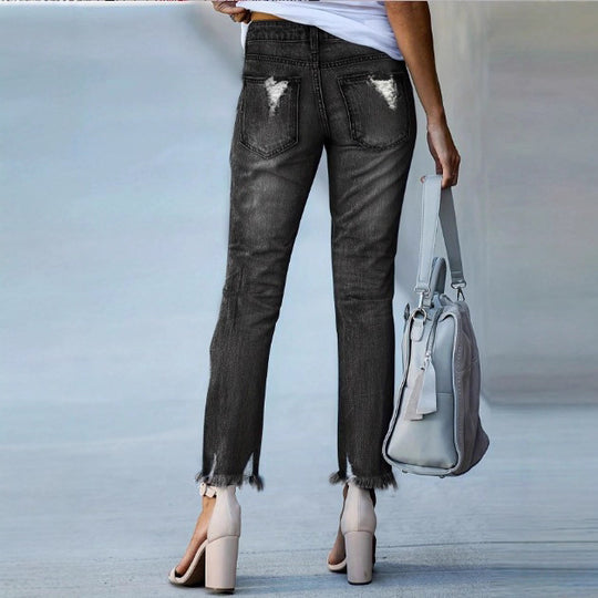 Damen Cropped Destroyed-Jeans mit hohem Bund, geradem Bein & rohem Fransen-Saum Nord Taschen