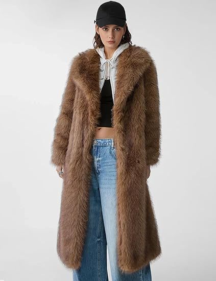 Damen Eleganter Maxi-Kunstpelz-Mantel mit weitem Schalkragen und geradem Schnitt Nord Taschen