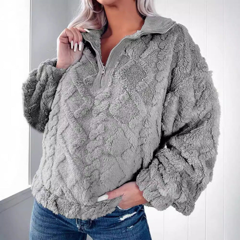 Damen Plüschpullover im Teddy-Look mit halbem Reißverschluss und strukturierter Rautenoptik Nord Taschen