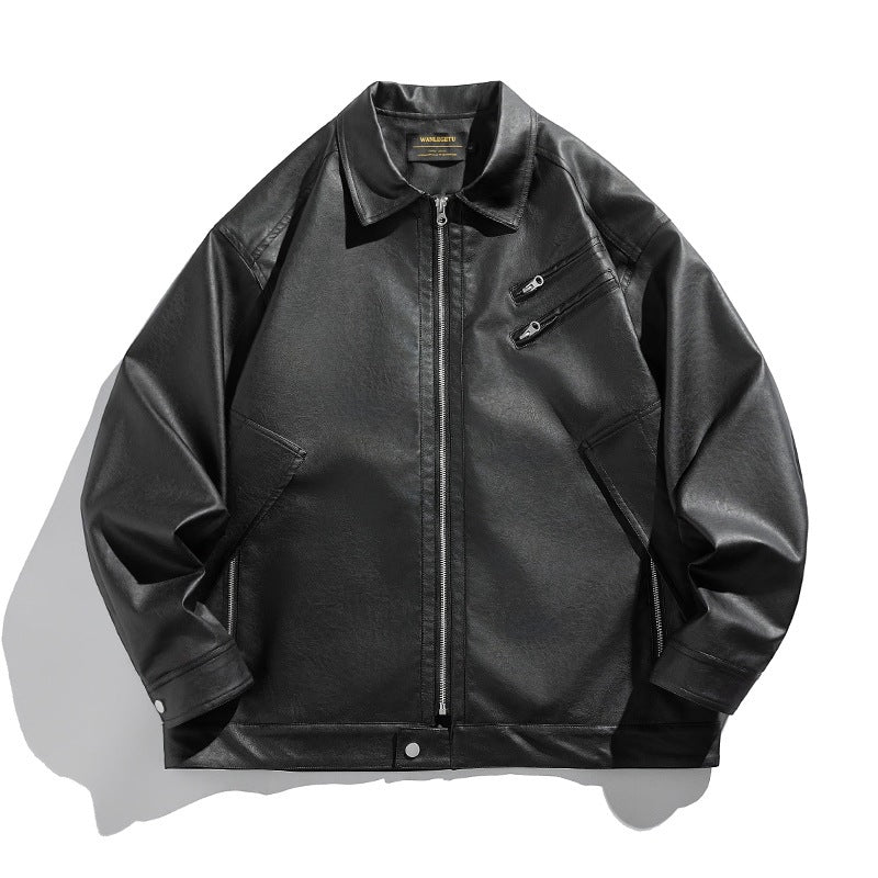 Unisex Boxy Kunstleder-Blousonjacke mit Hemdkragen, diagonalem Brustreißverschluss und Druckknopf-Saum Nord Taschen