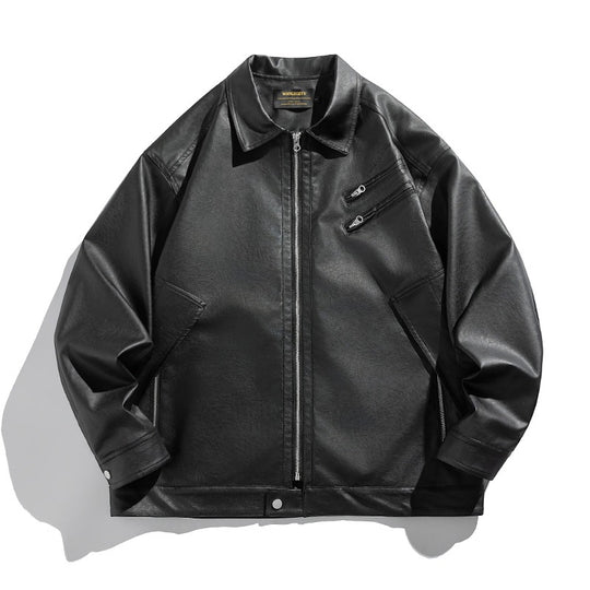 Unisex Boxy Kunstleder-Blousonjacke mit Hemdkragen, diagonalem Brustreißverschluss und Druckknopf-Saum Nord Taschen