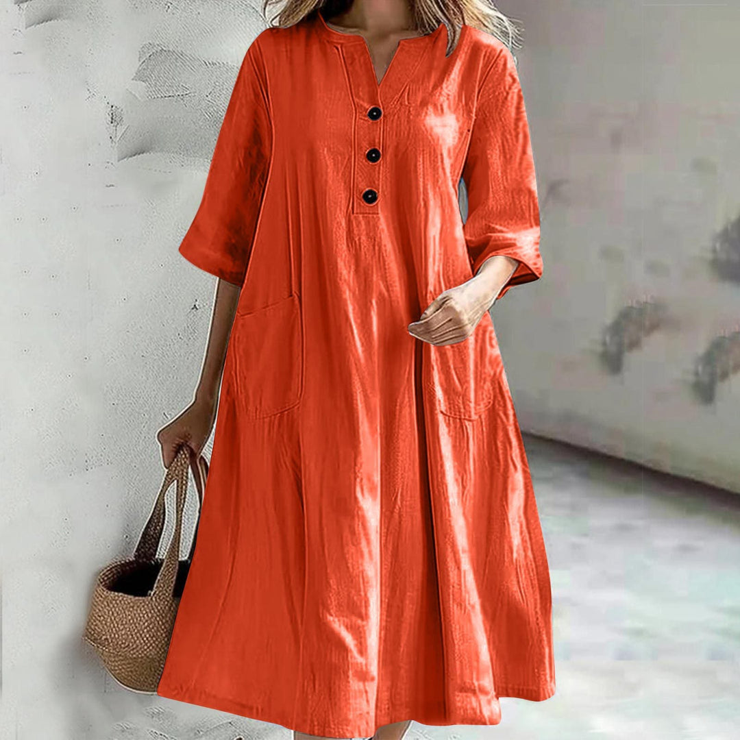 Damen lässiges Leinenkleid mit praktischen Taschen und Knopfdetails