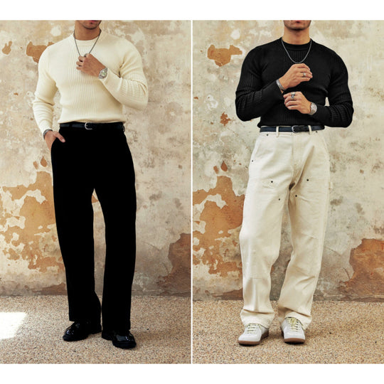 Herren Figurbetonter Rippstrick-Pullover mit Rundhalsausschnitt Nord Taschen