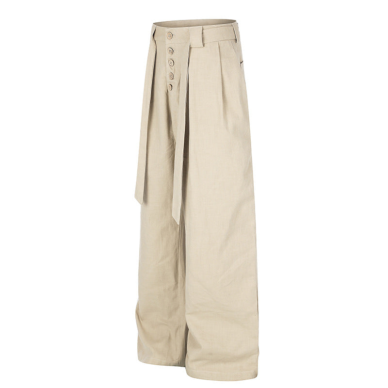 Damen Hochgeschnittene Leinen-Weitebein-Hose mit Knopfleiste, Bindegürtel und Bundfalten Nord Taschen