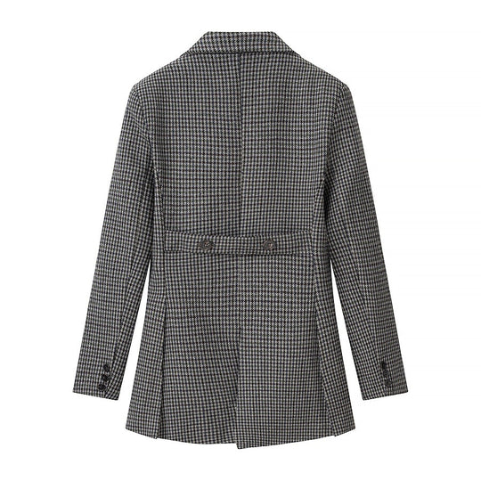 Damen Gehrock‑inspirierter Hahnentritt‑Blazer mit Cutaway‑Saum und doppelreihiger Knopfleiste Nord Taschen