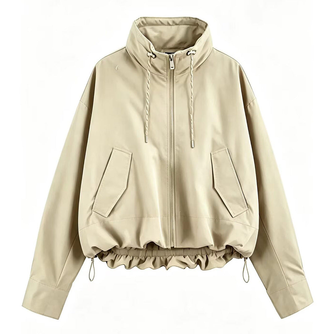 Damen Cropped Oversize Windbreaker mit hohem Funnelkragen, Kordelzug und gerafftem Elastikbund Nord Taschen