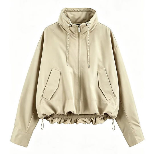 Damen Cropped Oversize Windbreaker mit hohem Funnelkragen, Kordelzug und gerafftem Elastikbund Nord Taschen
