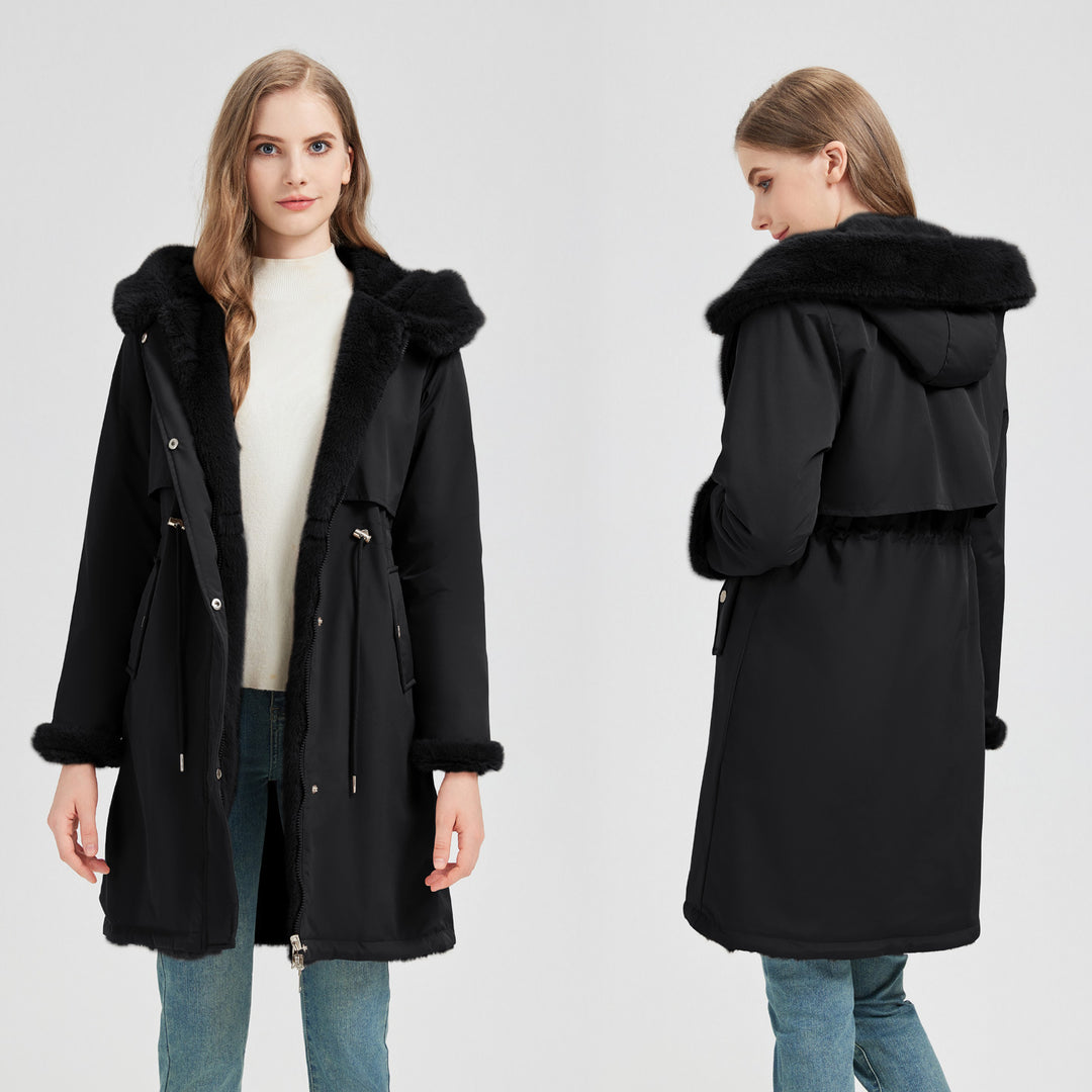 Damen nan taillierter langer Thermoparka mit Webpelzbesatz an Kapuze und Ärmeln sowie Kordeltaille Nord Taschen