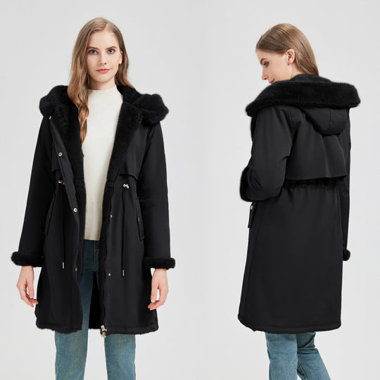 Damen nan taillierter langer Thermoparka mit Webpelzbesatz an Kapuze und Ärmeln sowie Kordeltaille Nord Taschen
