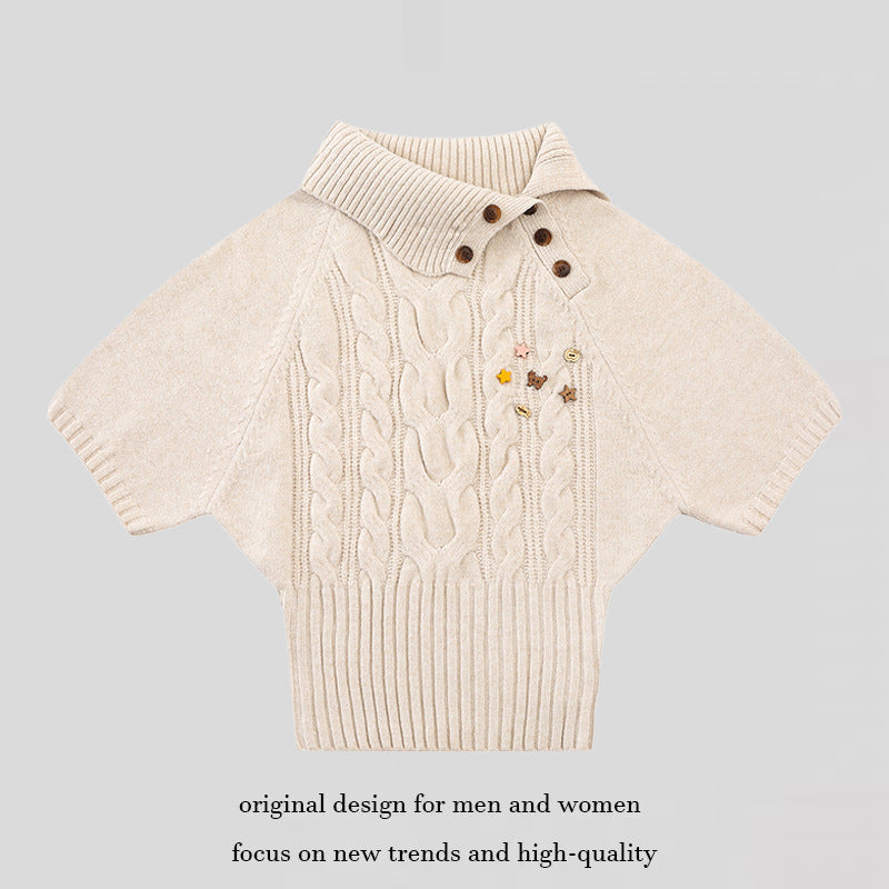 Damen Kurzärmeliges Zopfstrick-Pullover-Top mit Stehkragen und Knopfleiste Nord Taschen