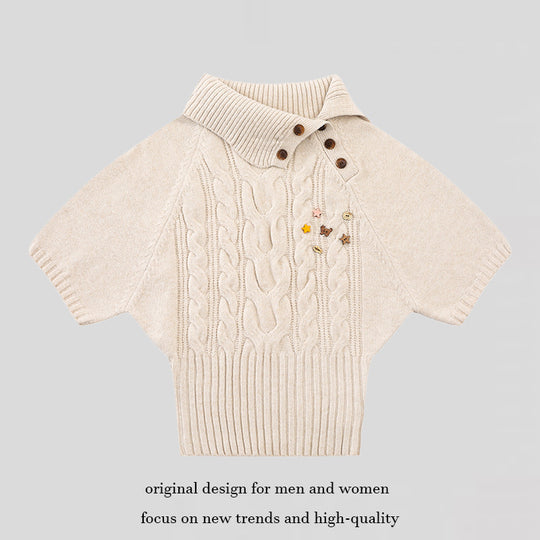Damen Kurzärmeliges Zopfstrick-Pullover-Top mit Stehkragen und Knopfleiste Nord Taschen