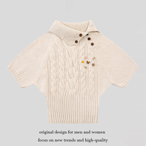 Damen Kurzärmeliges Zopfstrick-Pullover-Top mit Stehkragen und Knopfleiste Nord Taschen