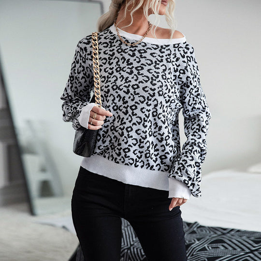 Damen Leichter Strukturstrick-Pullover mit Leoparden-Jacquard und geripptem Rundhalsausschnitt Nord Taschen
