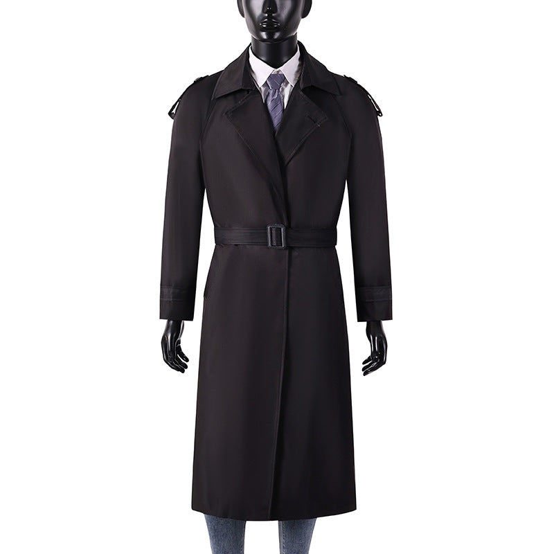 Herren eleganter knie- bis wadenlanger Trenchcoat mit verdeckter Knopfleiste und Schulterklappen Nord Taschen