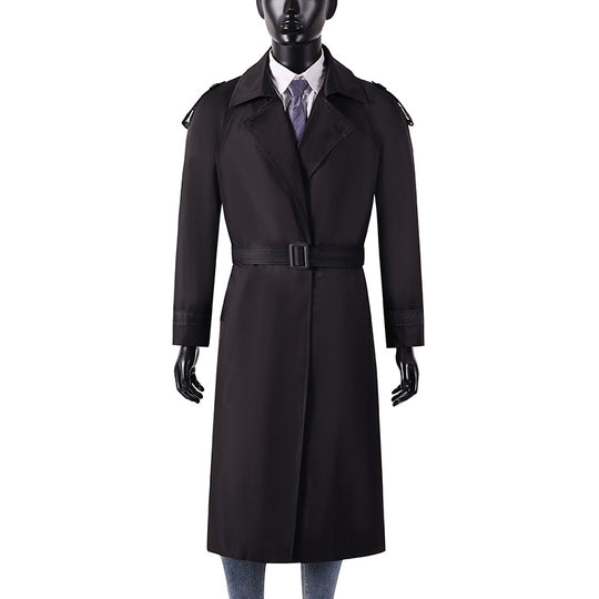 Herren eleganter knie- bis wadenlanger Trenchcoat mit verdeckter Knopfleiste und Schulterklappen Nord Taschen