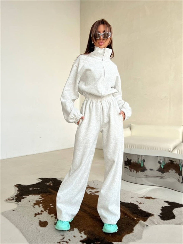 Damen Relaxed-Loungewear-Set mit Halbzip-Stehkragen und hochtaillierter Weitbein-Jogginghose Nord Taschen