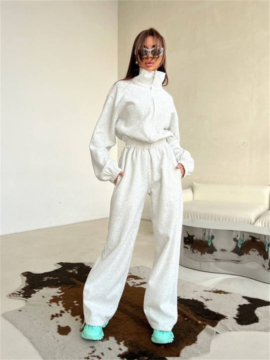 Damen Relaxed-Loungewear-Set mit Halbzip-Stehkragen und hochtaillierter Weitbein-Jogginghose Nord Taschen