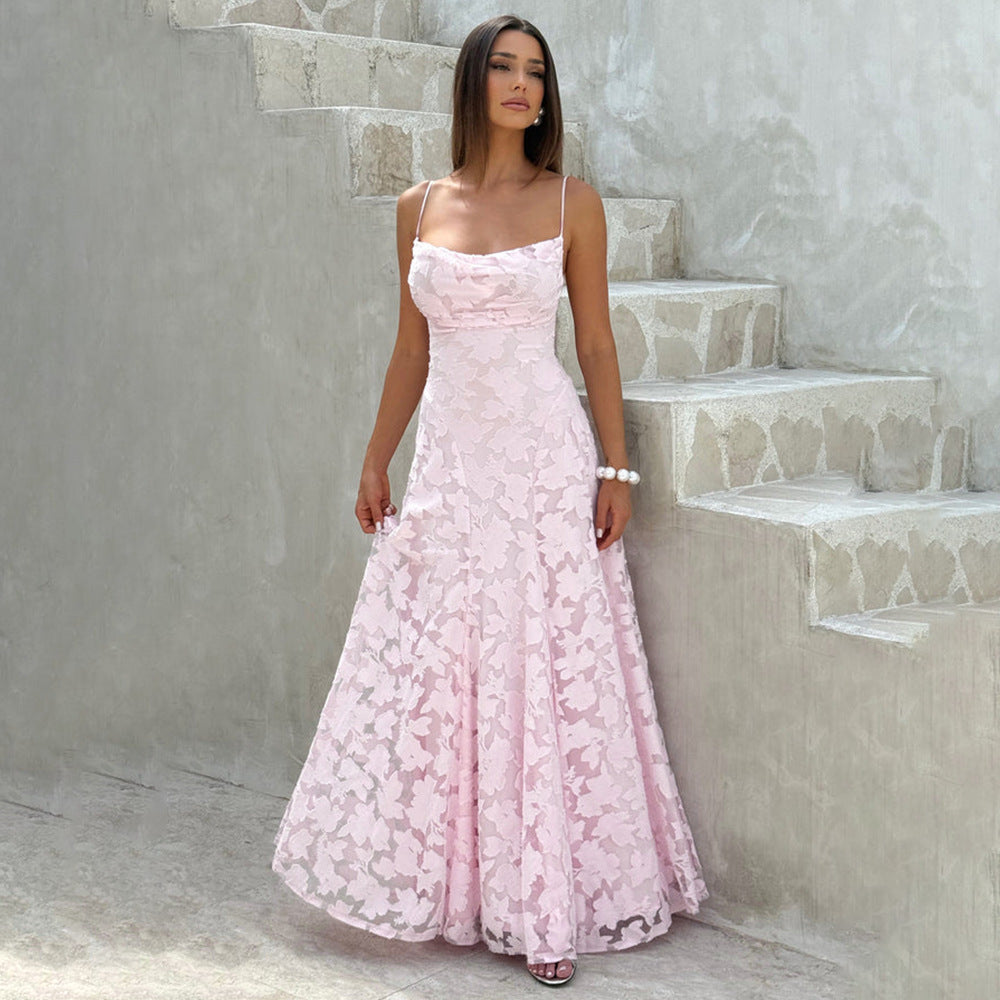 Damen Maxikleid mit floralem Spitzenmuster und schwingendem Rock