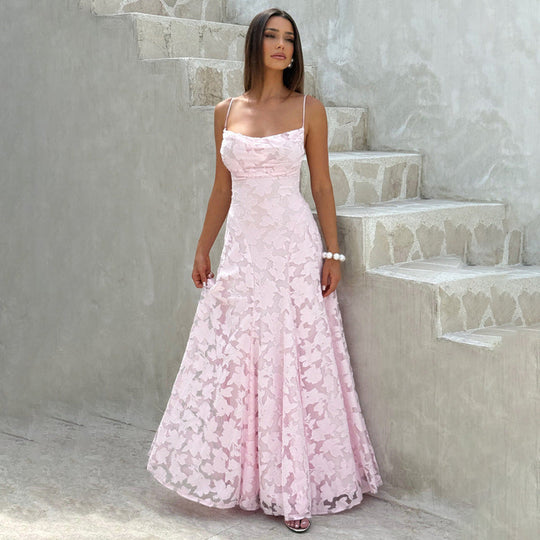 Damen Maxikleid mit floralem Spitzenmuster und schwingendem Rock