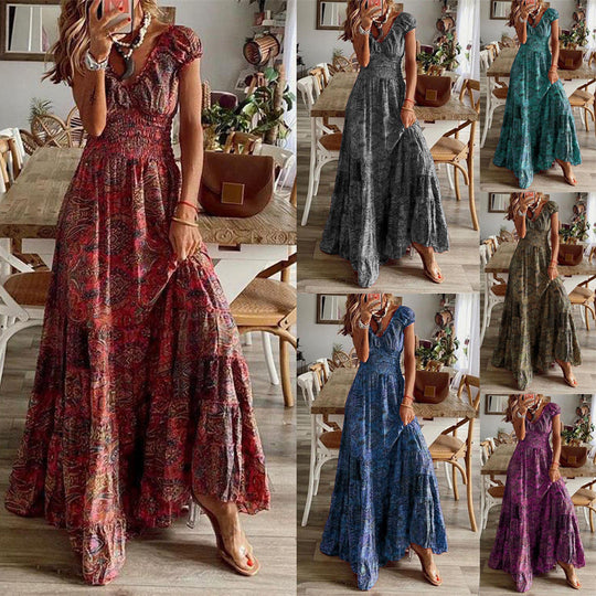 Damen Maxikleid mit Boho-Design und schwingendem Abschluss