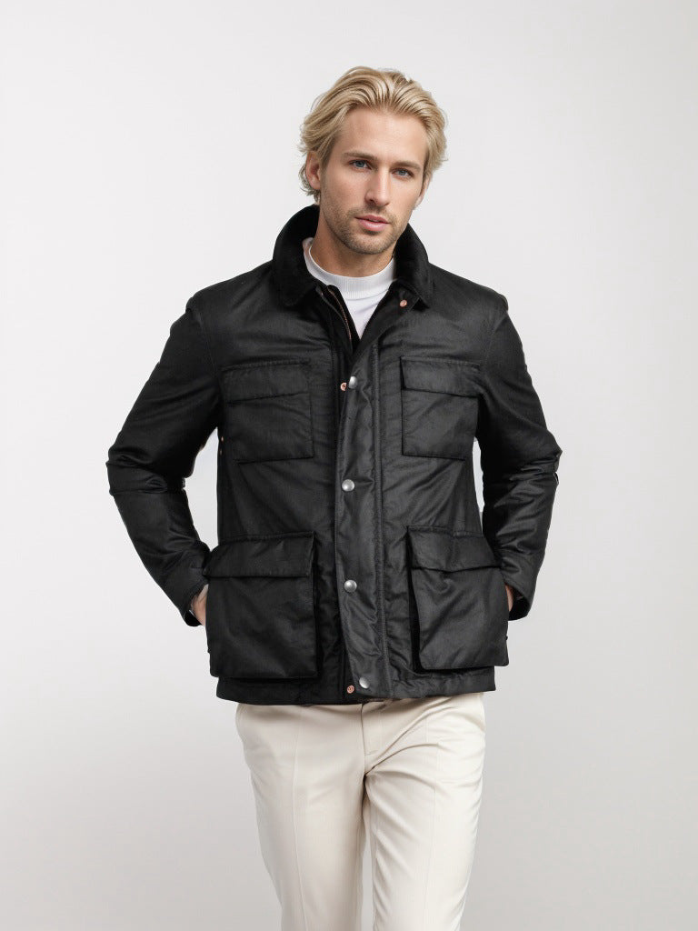 Herren Wachsjacke im Field-Stil mit Cordkragen und Mehrfachtaschen Nord Taschen