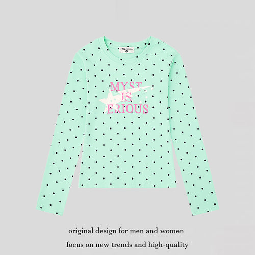 Damen Langarmshirt mit V-Ausschnitt, Polka-Dots und Statement-Print aus Baumwolljersey Nord Taschen