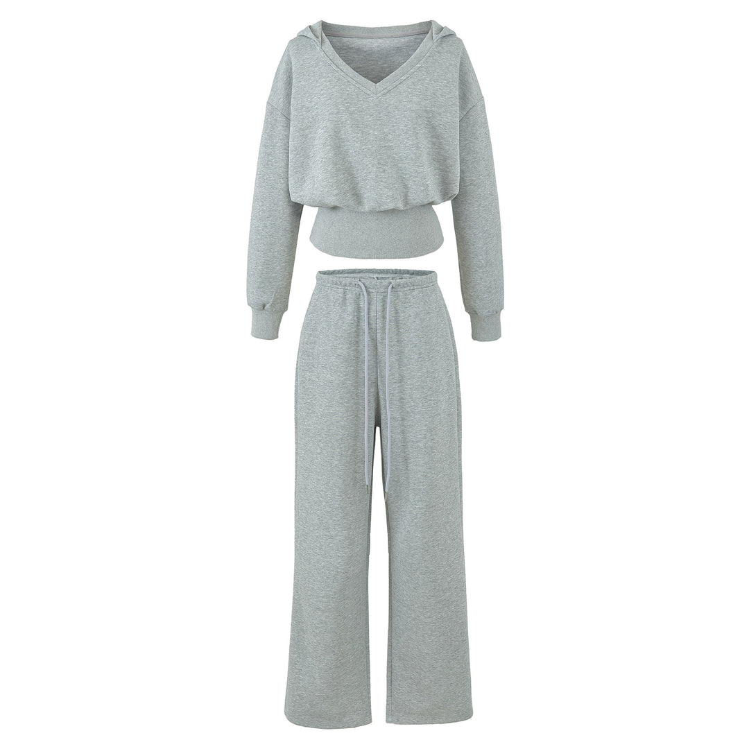 Damen Komfort-Lounge-Set mit kurzem V-Kapuzenpullover und hochgeschnittenen Weitbein-Joggern Nord Taschen
