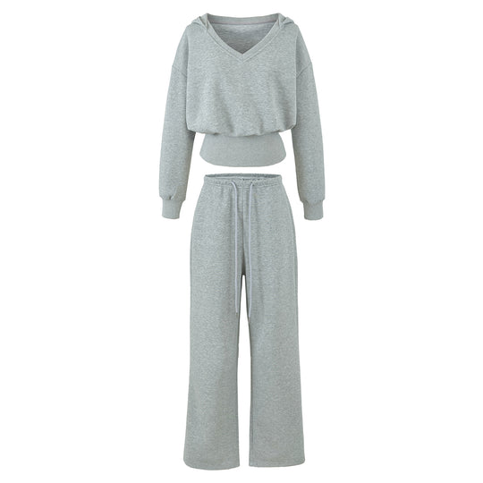 Damen Komfort-Lounge-Set mit kurzem V-Kapuzenpullover und hochgeschnittenen Weitbein-Joggern Nord Taschen