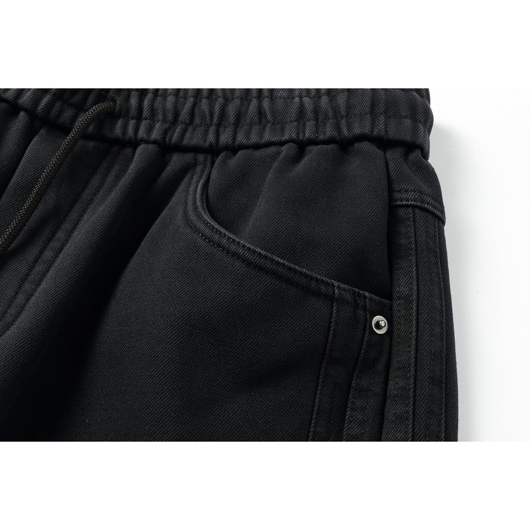 Damen Weite hochgeschnittene Jeanshose mit elastischem Bund, Kordelzug und Ziernähten Nord Taschen