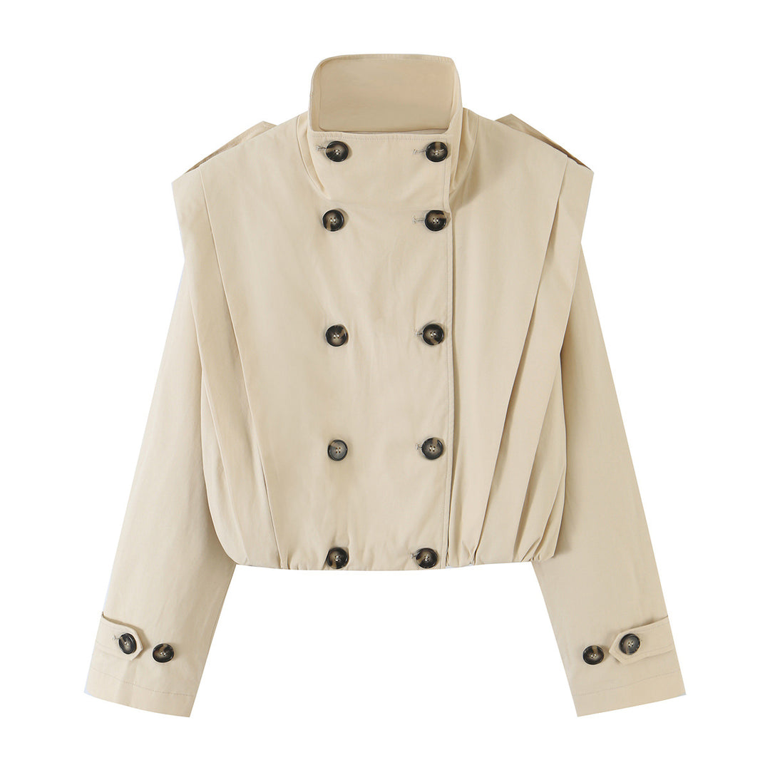 Damen Cropped Doppelreihiger Trench‑Blouson mit Stehkragen und taillierendem Gummizug Nord Taschen