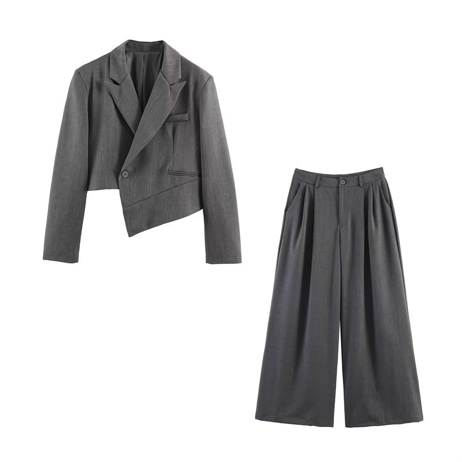 Damen Asymmetrischer Cropped-Blazer mit schräger Saumlinie und Reverskragen Nord Taschen