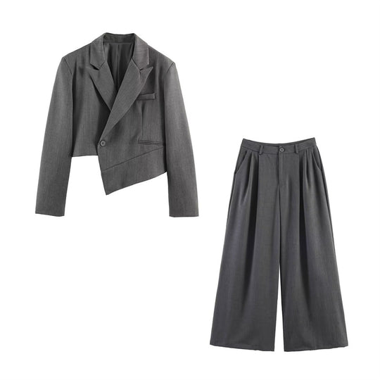Damen Asymmetrischer Cropped-Blazer mit schräger Saumlinie und Reverskragen Nord Taschen