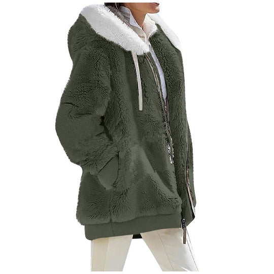 Damen Kuschelige Teddy-Kapuzenjacke mit Kontrastbesatz, Reißverschluss und Eingrifftaschen Nord Taschen